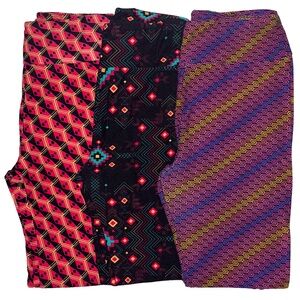 Lot of 3 LuLaRoe Leggings Size OS Geometric Pink Black Yellow Purple Aqua